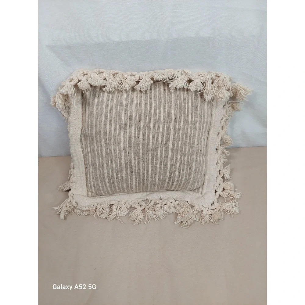 Vintage Hand Woven Cotton Pillow  Fringe India Throw Cushion Pilzer Bros Neutral